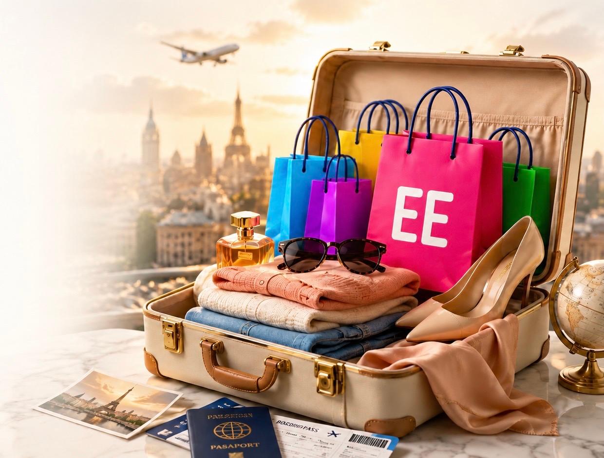 EldenEvime alışveriş çantaları ile dolu açık valiz